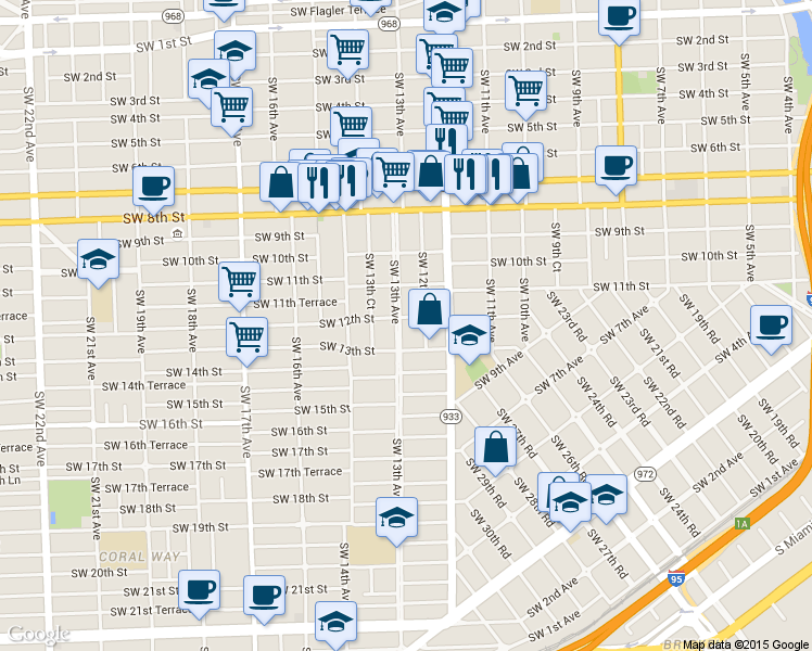 map of restaurants, bars, coffee shops, grocery stores, and more near 1250 Southwest 12th Court in Miami