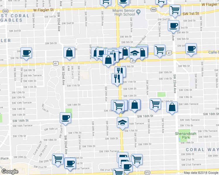 map of restaurants, bars, coffee shops, grocery stores, and more near 2731 Southwest 13th Street in Miami