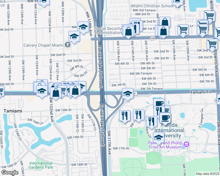 map of restaurants, bars, coffee shops, grocery stores, and more near 11515 Southwest 7th Terrace in Miami