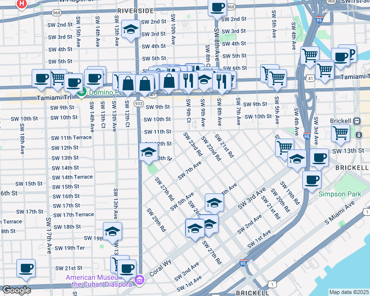 map of restaurants, bars, coffee shops, grocery stores, and more near 2450 Southwest 9th Avenue in Miami