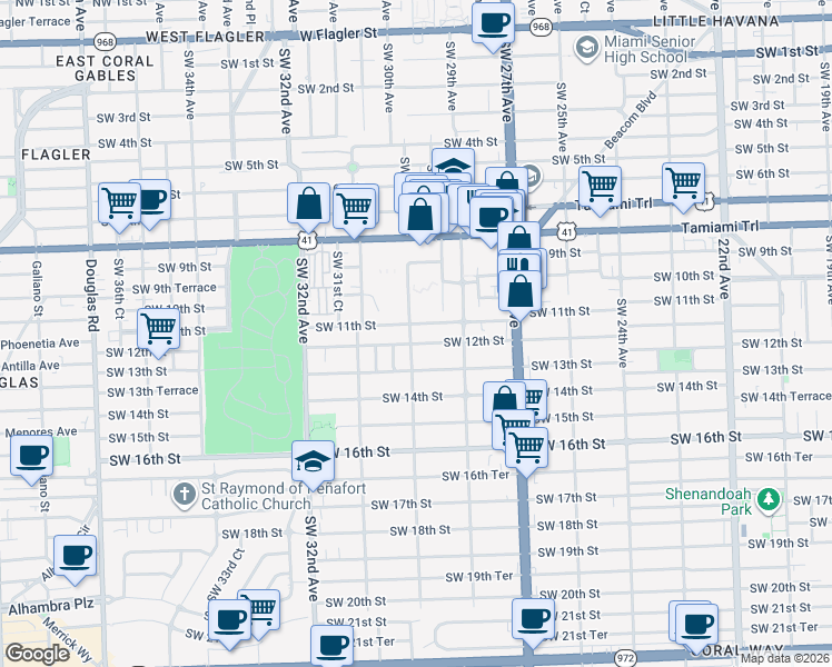 map of restaurants, bars, coffee shops, grocery stores, and more near 1221 Southwest 30th Avenue in Miami