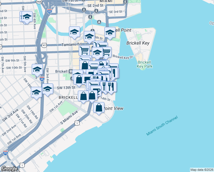 map of restaurants, bars, coffee shops, grocery stores, and more near 12 Brickell Bay Drive in Miami