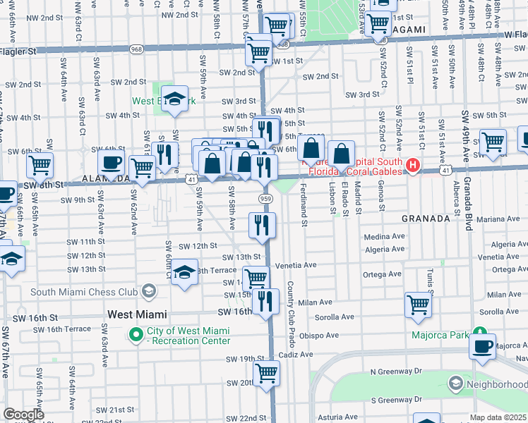 map of restaurants, bars, coffee shops, grocery stores, and more near 1559 San Benito Avenue in Coral Gables
