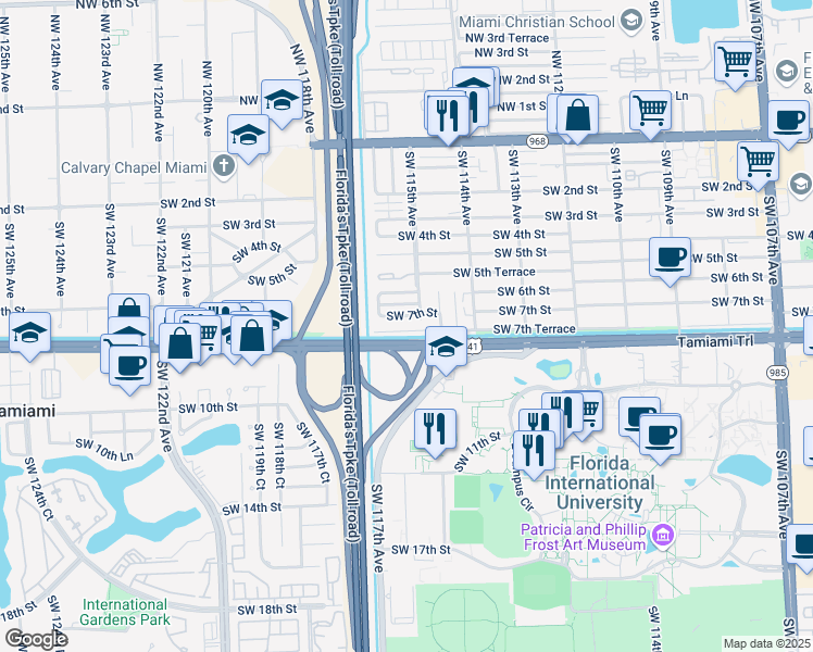 map of restaurants, bars, coffee shops, grocery stores, and more near 11515 Southwest 7th Terrace in Miami
