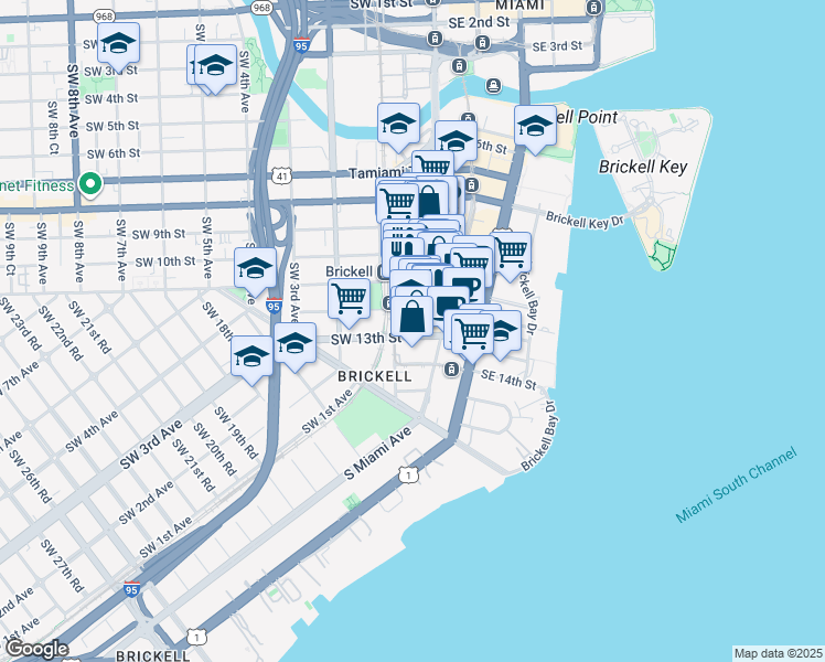 map of restaurants, bars, coffee shops, grocery stores, and more near 45 Southwest 13th Street in Miami