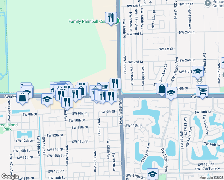 map of restaurants, bars, coffee shops, grocery stores, and more near 460 Southwest 136th Place in Miami