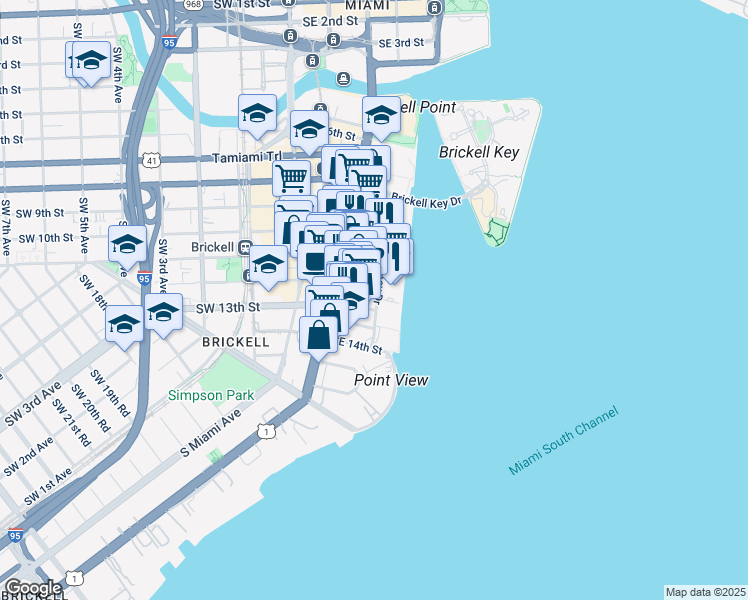 map of restaurants, bars, coffee shops, grocery stores, and more near 1111 Brickell Avenue in Miami