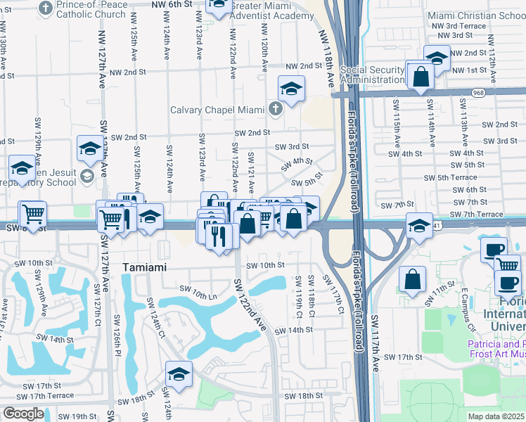 map of restaurants, bars, coffee shops, grocery stores, and more near 12011 Southwest 7th Street in Miami