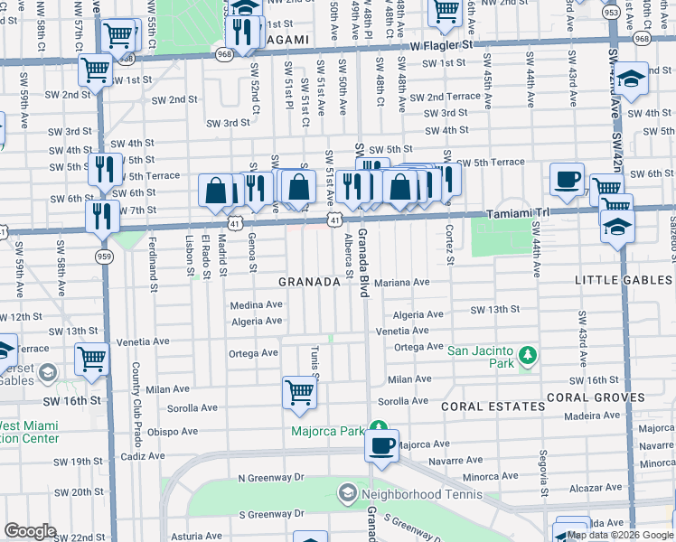 map of restaurants, bars, coffee shops, grocery stores, and more near 840 Granada Groves Court in Coral Gables