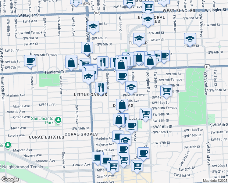 map of restaurants, bars, coffee shops, grocery stores, and more near 230 Calabria Avenue in Coral Gables