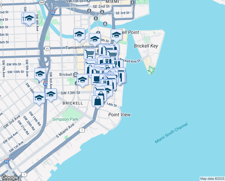 map of restaurants, bars, coffee shops, grocery stores, and more near 1111 Brickell Avenue in Miami