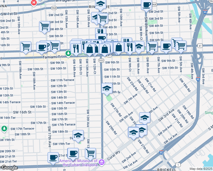 map of restaurants, bars, coffee shops, grocery stores, and more near 1141 Southwest 12th Avenue in Miami