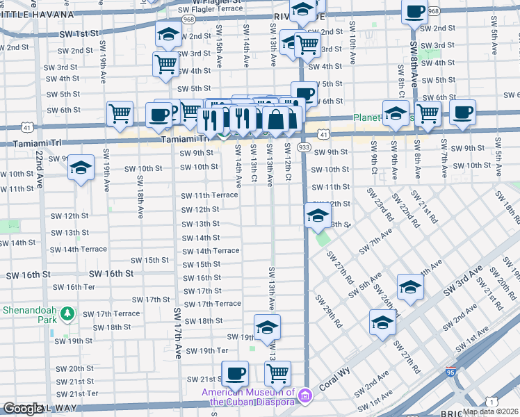 map of restaurants, bars, coffee shops, grocery stores, and more near 1127 Southwest 13th Court in Miami