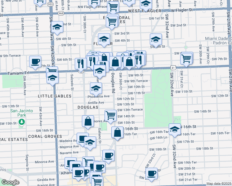 map of restaurants, bars, coffee shops, grocery stores, and more near 990 Southwest 36th Court in Miami