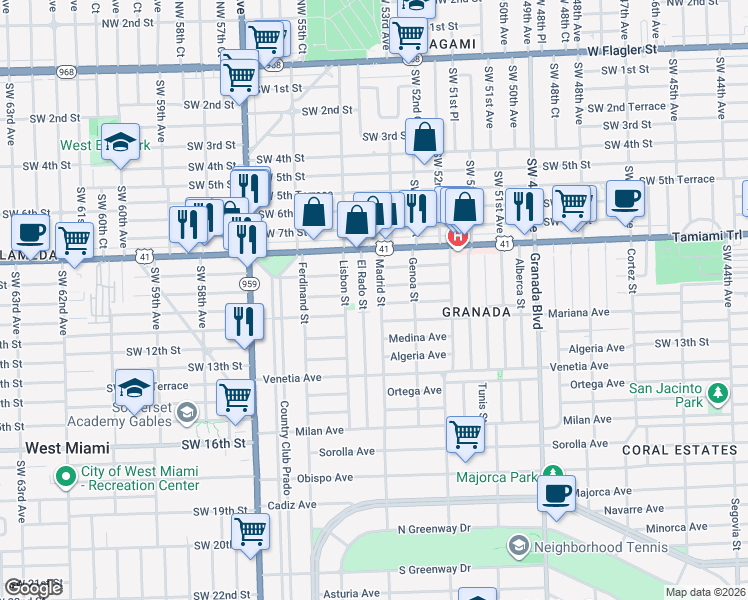 map of restaurants, bars, coffee shops, grocery stores, and more near 833 El Rado Street in Coral Gables