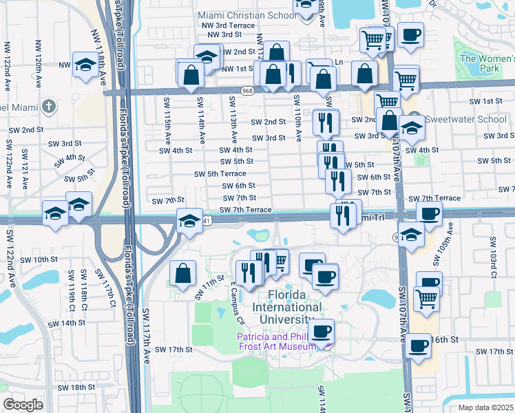map of restaurants, bars, coffee shops, grocery stores, and more near 11255 Southwest 7th Street in Miami