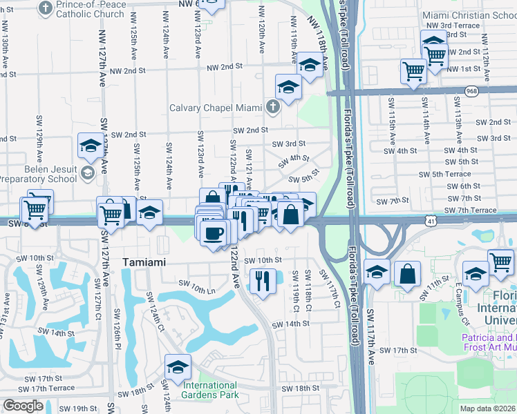 map of restaurants, bars, coffee shops, grocery stores, and more near 590 Southwest 120th Avenue in Miami