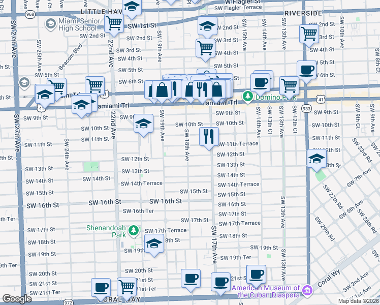 map of restaurants, bars, coffee shops, grocery stores, and more near in Miami