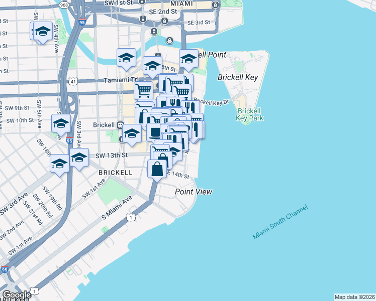 map of restaurants, bars, coffee shops, grocery stores, and more near Brickell Bay Dr & SE 12th St in Miami