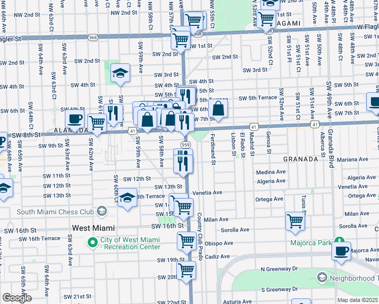 map of restaurants, bars, coffee shops, grocery stores, and more near 925 Southwest 57th Avenue in West Miami