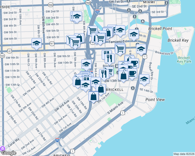 map of restaurants, bars, coffee shops, grocery stores, and more near 1227 Southwest 3rd Avenue in Miami