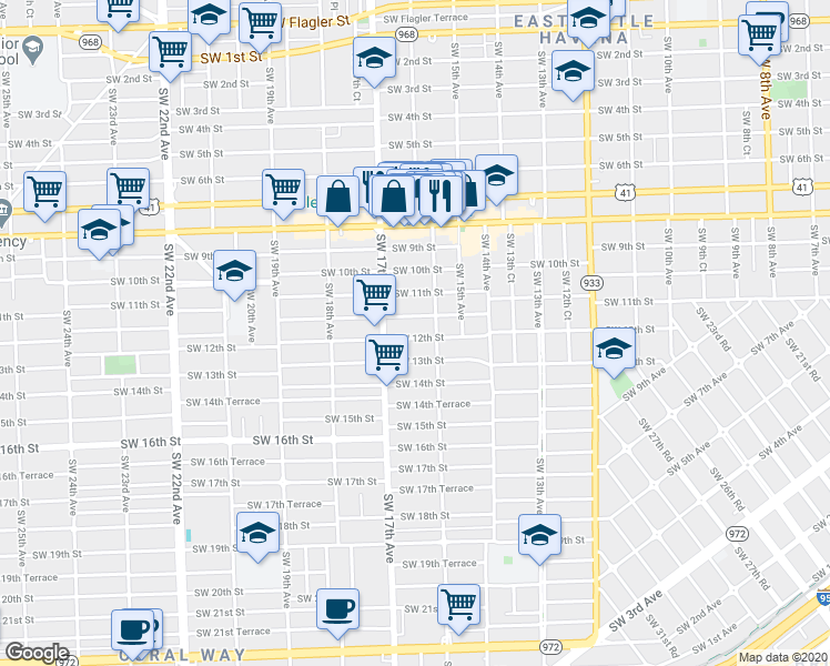 map of restaurants, bars, coffee shops, grocery stores, and more near 1649 Southwest 11th Terrace in Miami