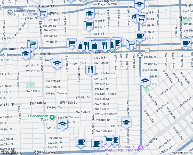 map of restaurants, bars, coffee shops, grocery stores, and more near 1649 Southwest 11th Terrace in Miami