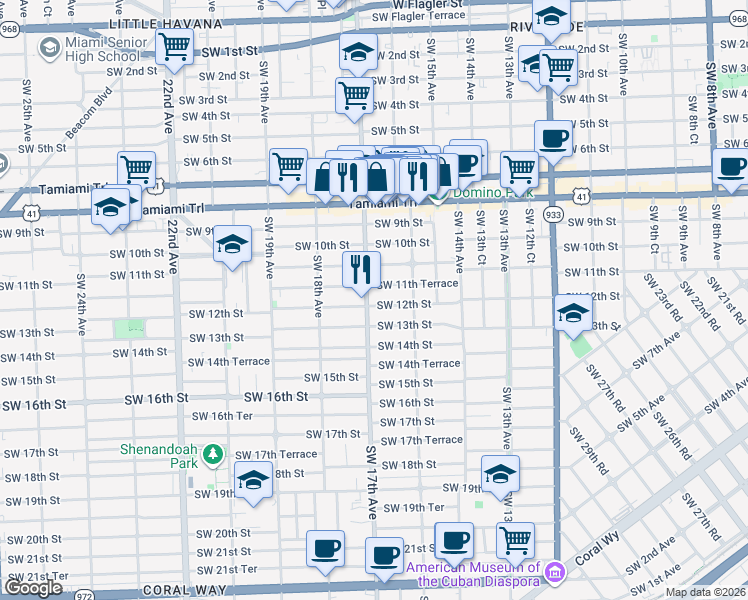 map of restaurants, bars, coffee shops, grocery stores, and more near 1649 Southwest 11th Terrace in Miami