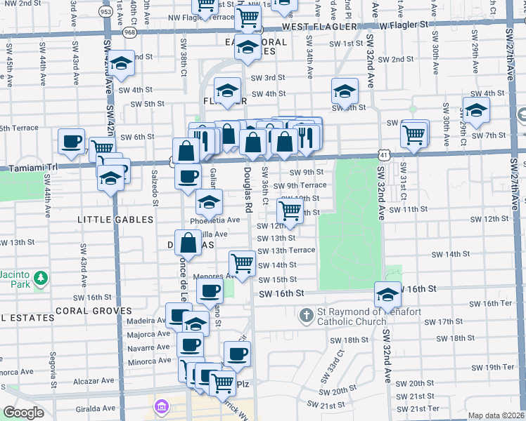 map of restaurants, bars, coffee shops, grocery stores, and more near 990 Southwest 36th Court in Miami