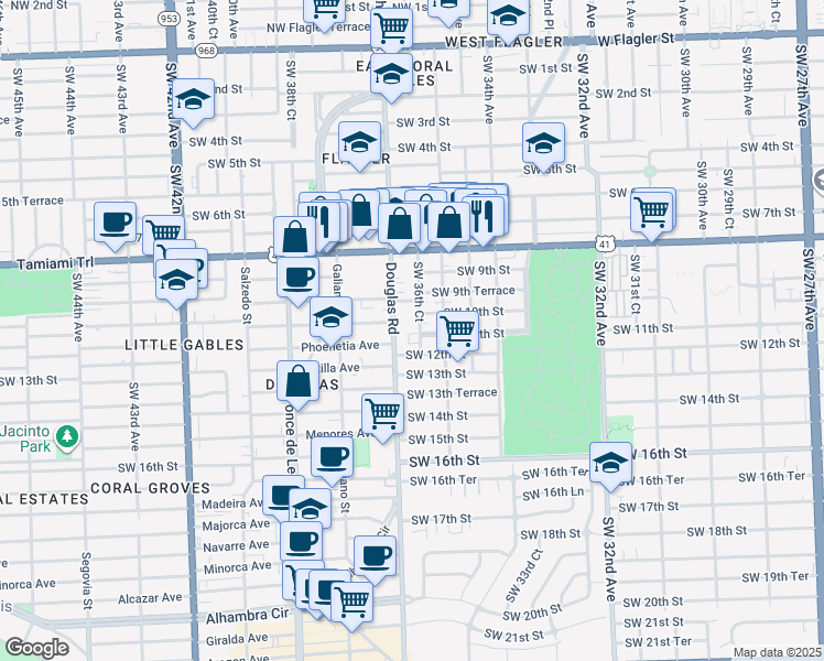 map of restaurants, bars, coffee shops, grocery stores, and more near 990 Southwest 36th Court in Miami