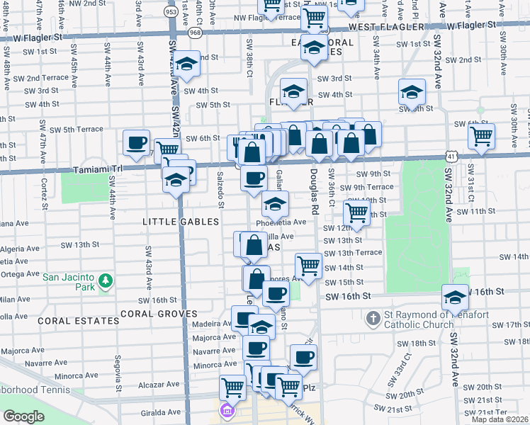 map of restaurants, bars, coffee shops, grocery stores, and more near 912 East Ponce De Leon Boulevard in Coral Gables