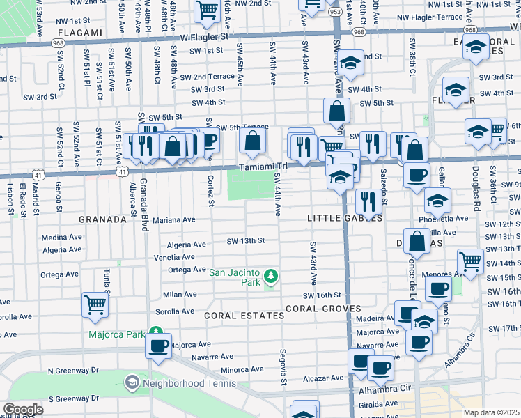 map of restaurants, bars, coffee shops, grocery stores, and more near 4440 Southwest 9th Lane in Miami