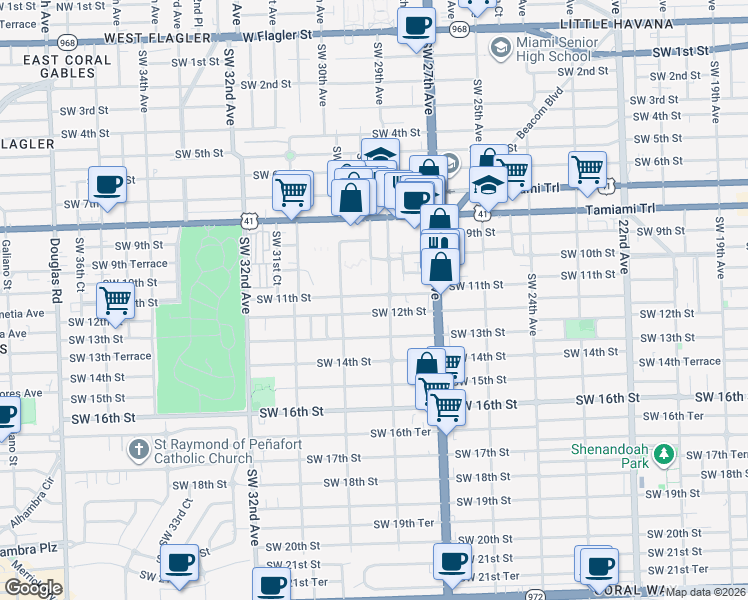 map of restaurants, bars, coffee shops, grocery stores, and more near 1052 Southwest 29th Avenue in Miami