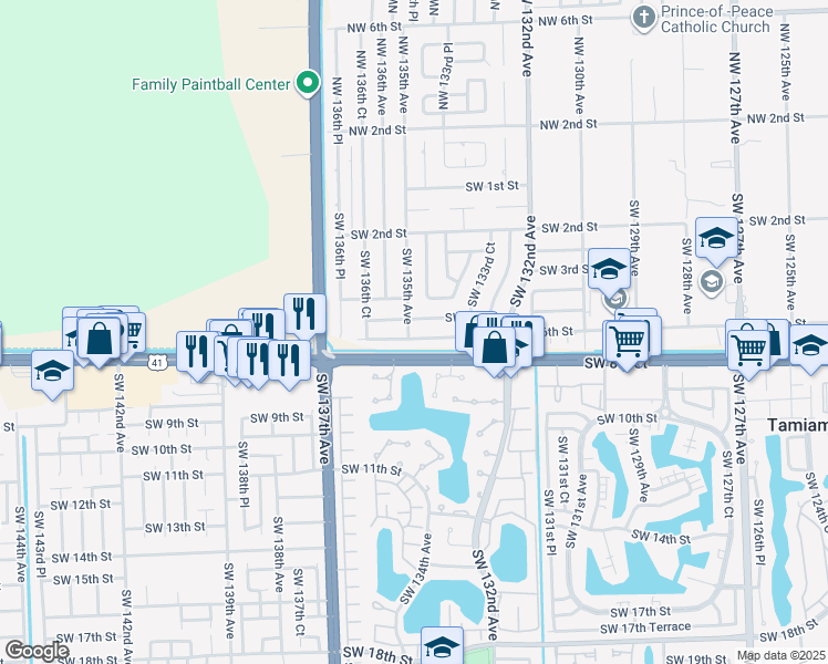 map of restaurants, bars, coffee shops, grocery stores, and more near 13471 Southwest 5th Street in Miami