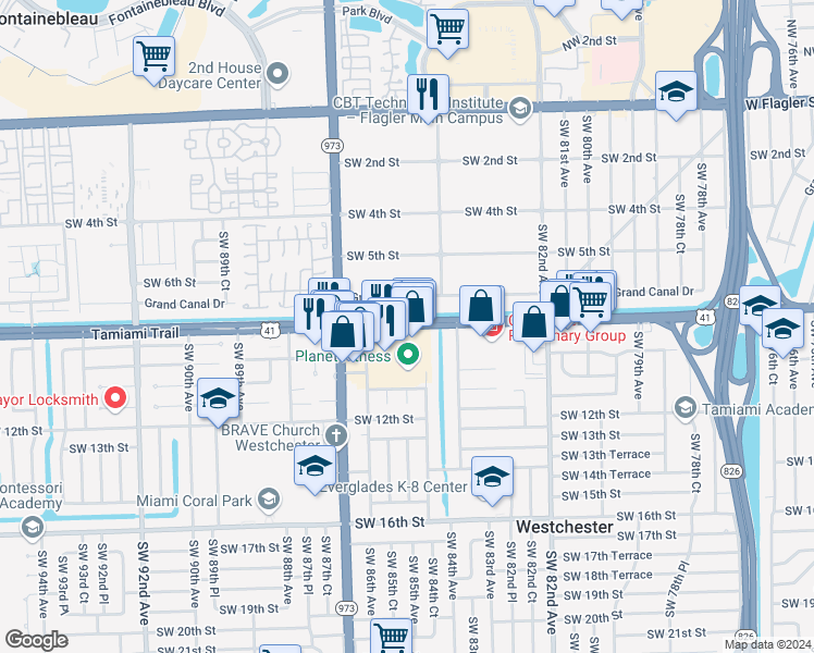 map of restaurants, bars, coffee shops, grocery stores, and more near 8506 Southwest 8th Street in Miami