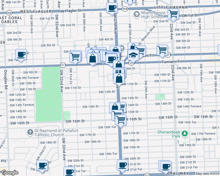 map of restaurants, bars, coffee shops, grocery stores, and more near 2750 Southwest 10th Terrace in Miami