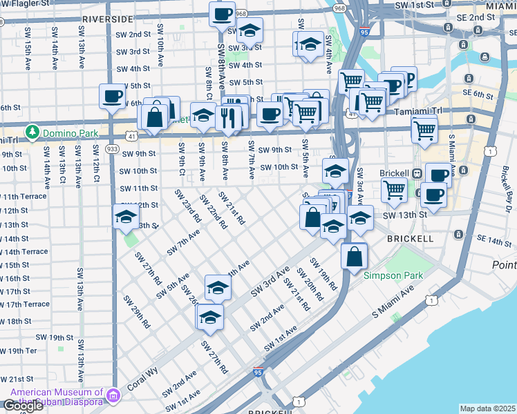 map of restaurants, bars, coffee shops, grocery stores, and more near 600 Southwest 19th Road in Miami