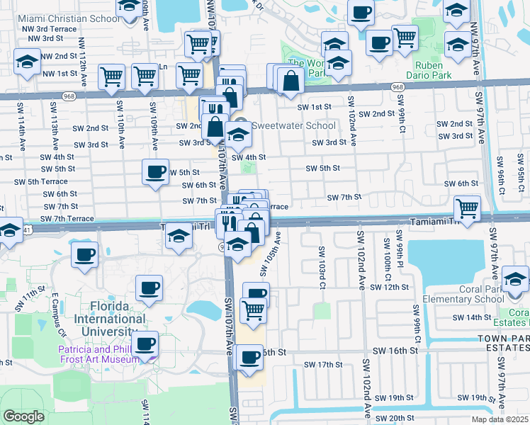 map of restaurants, bars, coffee shops, grocery stores, and more near 10445 Southwest 7th Terrace in Miami