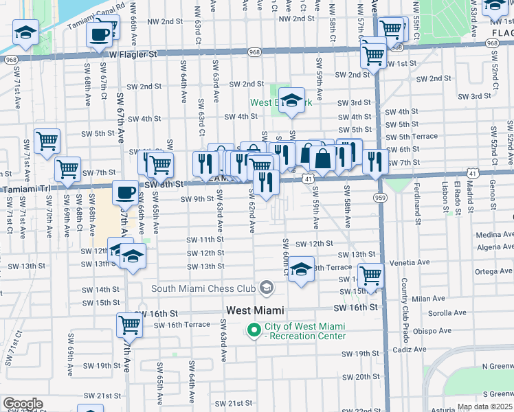 map of restaurants, bars, coffee shops, grocery stores, and more near 975 Southwest 62nd Avenue in Miami