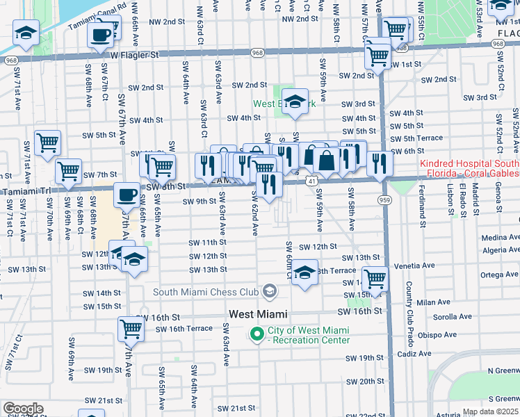 map of restaurants, bars, coffee shops, grocery stores, and more near 975 Southwest 62nd Avenue in Miami