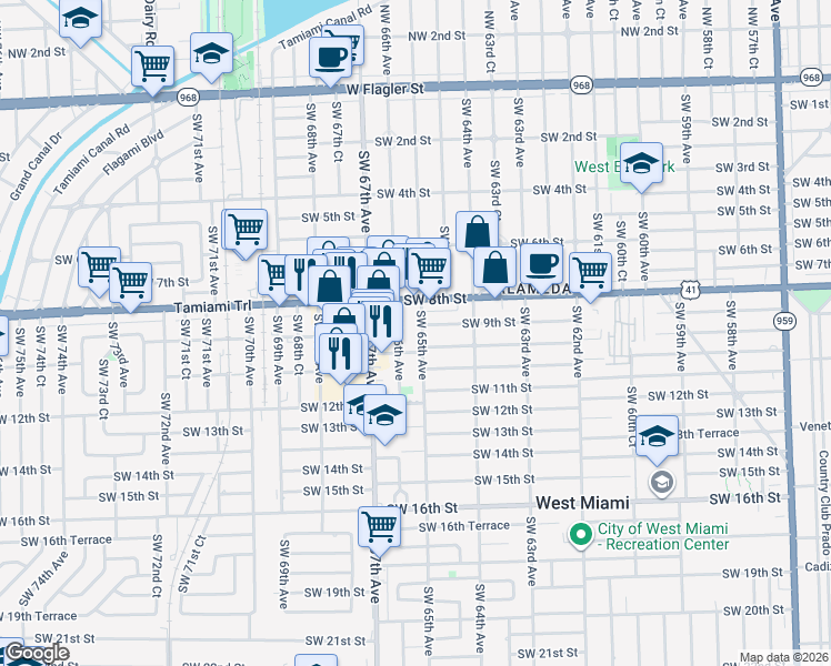 map of restaurants, bars, coffee shops, grocery stores, and more near 910 Southwest 65th Avenue in Miami