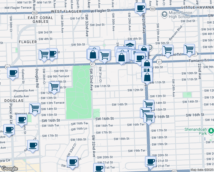 map of restaurants, bars, coffee shops, grocery stores, and more near 3101 Southwest 11th Street in Miami