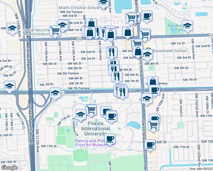 map of restaurants, bars, coffee shops, grocery stores, and more near 11003 Southwest 7th Street in Miami
