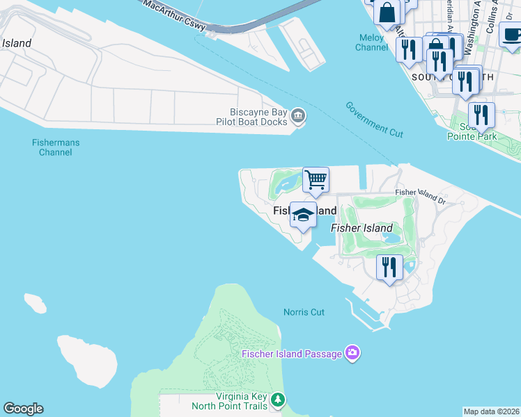 map of restaurants, bars, coffee shops, grocery stores, and more near 7021 Fisher Island Drive in Miami Beach