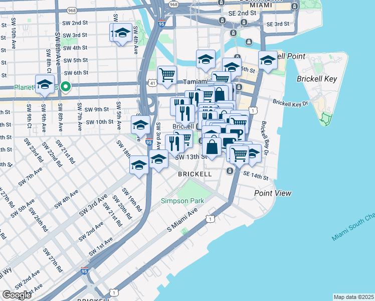 map of restaurants, bars, coffee shops, grocery stores, and more near 130 Southwest 12th Street in Miami