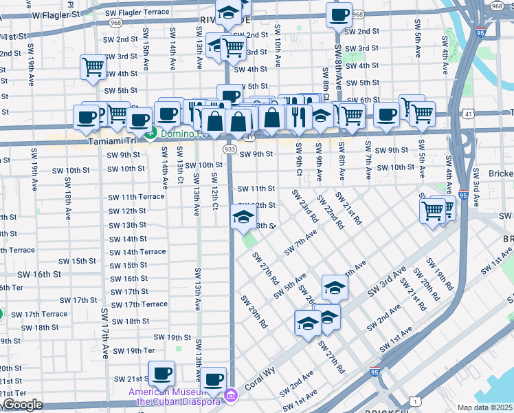map of restaurants, bars, coffee shops, grocery stores, and more near 1115 Southwest 11th Avenue in Miami