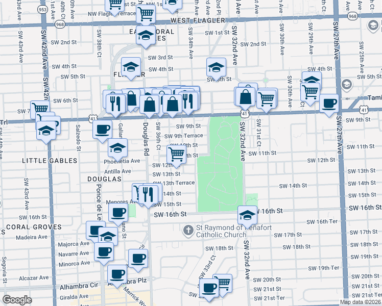 map of restaurants, bars, coffee shops, grocery stores, and more near 3450 Southwest 10th Street in Miami