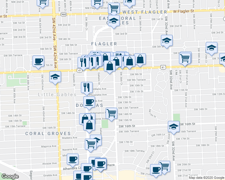 map of restaurants, bars, coffee shops, grocery stores, and more near 21 Santillane Avenue in Coral Gables