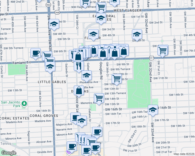 map of restaurants, bars, coffee shops, grocery stores, and more near 21 Santillane Avenue in Coral Gables