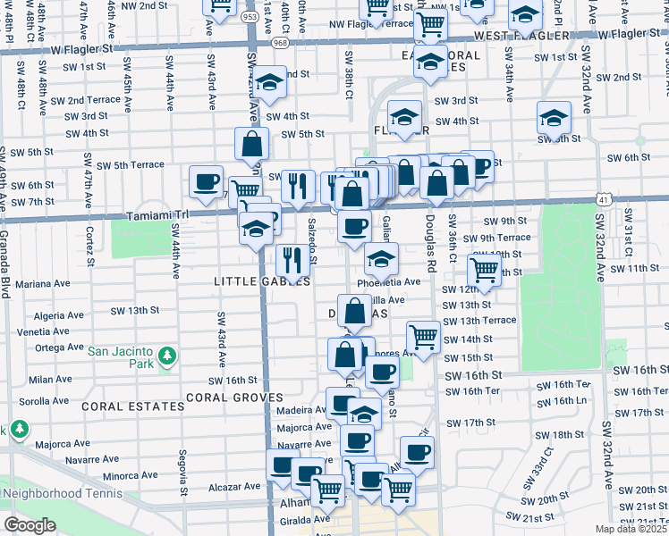 map of restaurants, bars, coffee shops, grocery stores, and more near 999 Ponce de Leon Boulevard in Coral Gables